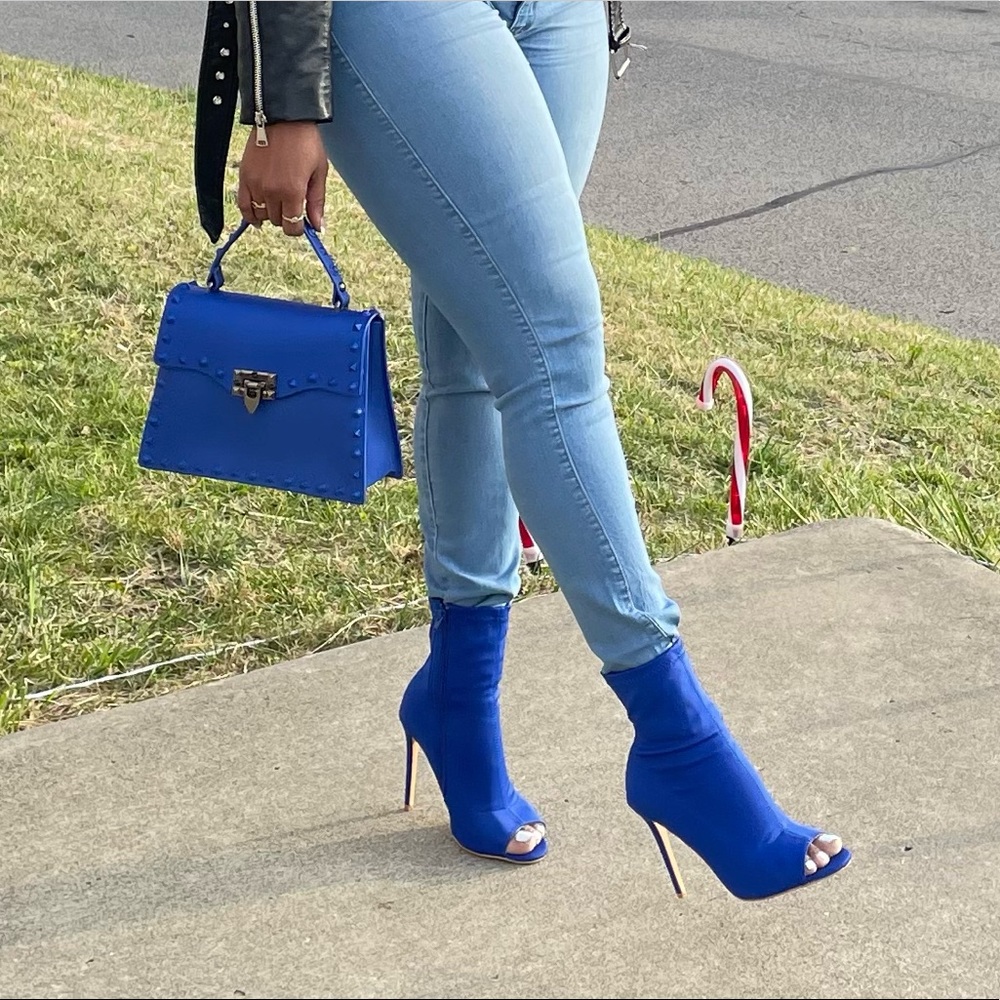 NEW ROYAL BLUE OPEN TOE SPANDEX 4” HEEL BOOTIES - Picture 3 of 5